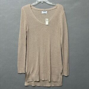 Old Navy V-Neck Tunic Sweater Women M Beige Tan Cotton Blend Long Sleeve Hi-Lo